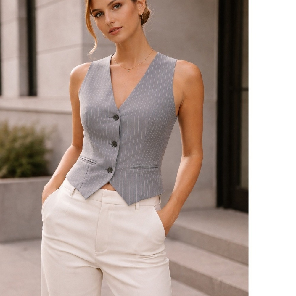 Everly Rowe Gray Pinstripe Vest Button Front Tailored Waistcoat Size L Office